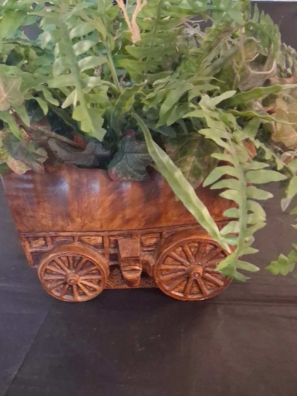 Faux Green Fern & Greenery in Ceramic Rustic Wagon Planter